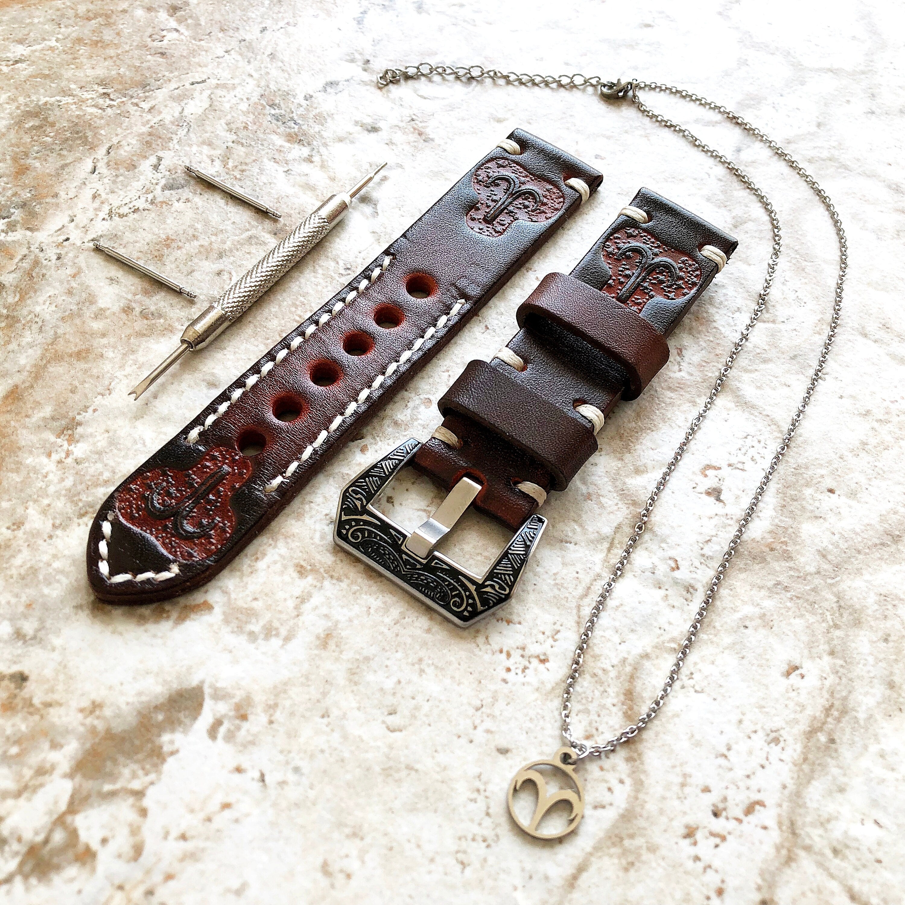 Aries Zodiac Band 22mm 24mm 25mm Genuine Brown Leather Tooled Embossed Handmade Strap Bracelet Kit for Watches and 25" Pendants Necklace